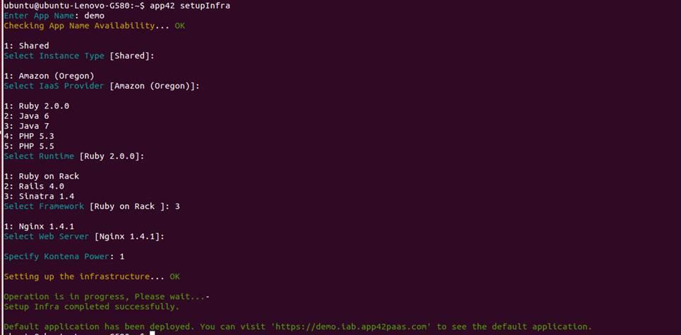 App42 setupInfra Sinatra